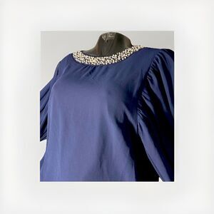 Vince Camuto Blouse‎ Womens Large Navy With Beads Beads Sheer Balloon Sleeves